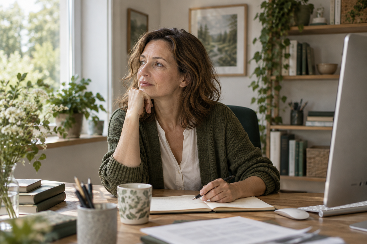 Frau gönnt ihren Augen eine Pause von der Bildschirmarbeit