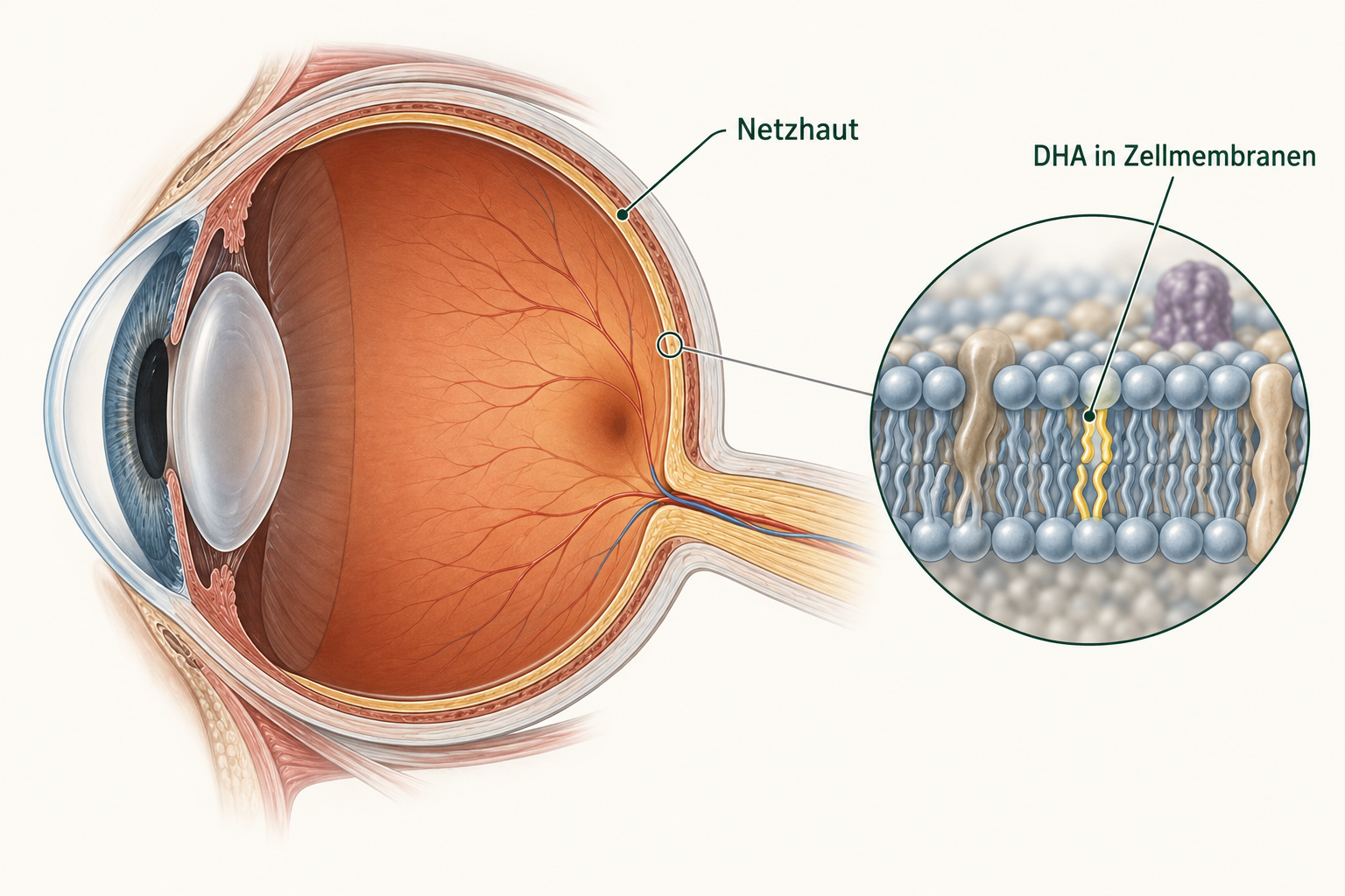 Schematischer Zusammenhang zwischen der Netzhaut im hinteren Auge und DHA als Bestandteil von Zellmembranen