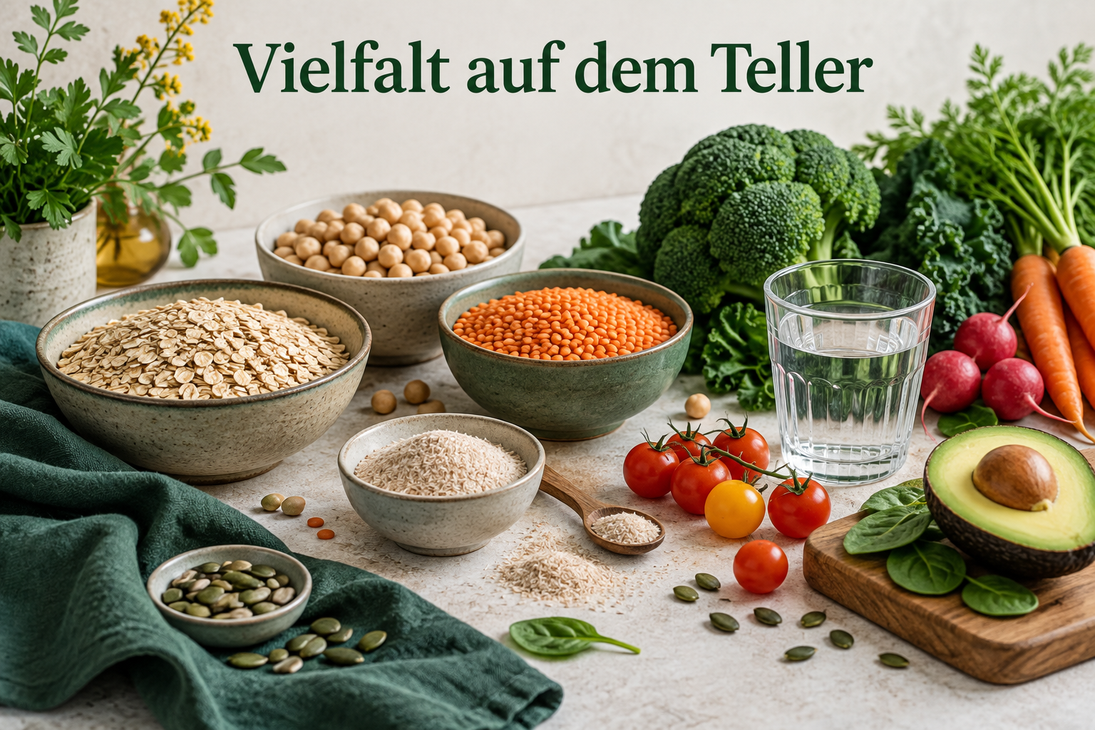 Hafer, Hülsenfrüchte, Gemüse und Flohsamenschalen als unterschiedliche Ballaststoffquellen neben einem Glas Wasser