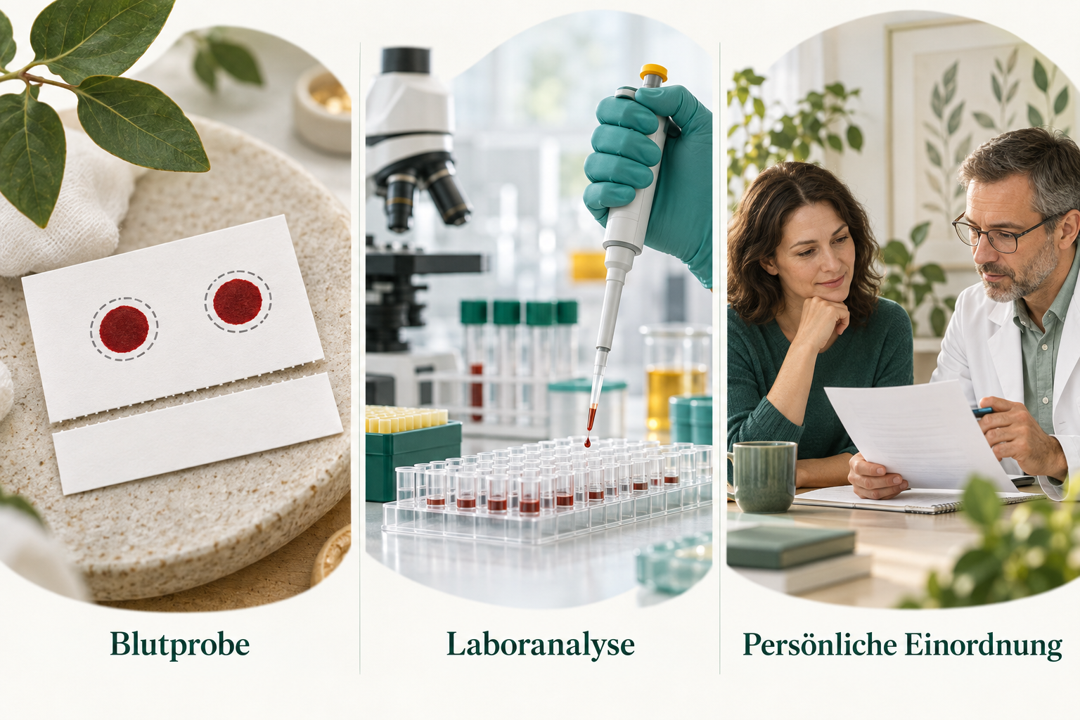 Ablauf einer Trockenblutanalyse von der Probenkarte über das Labor bis zur persönlichen Besprechung