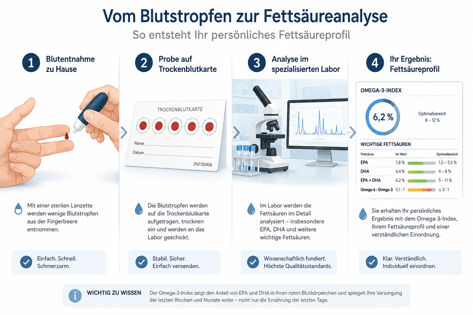 Ablauf einer Fettsäureanalyse vom Blutstropfen bis zum persönlichen Omega-3-Index