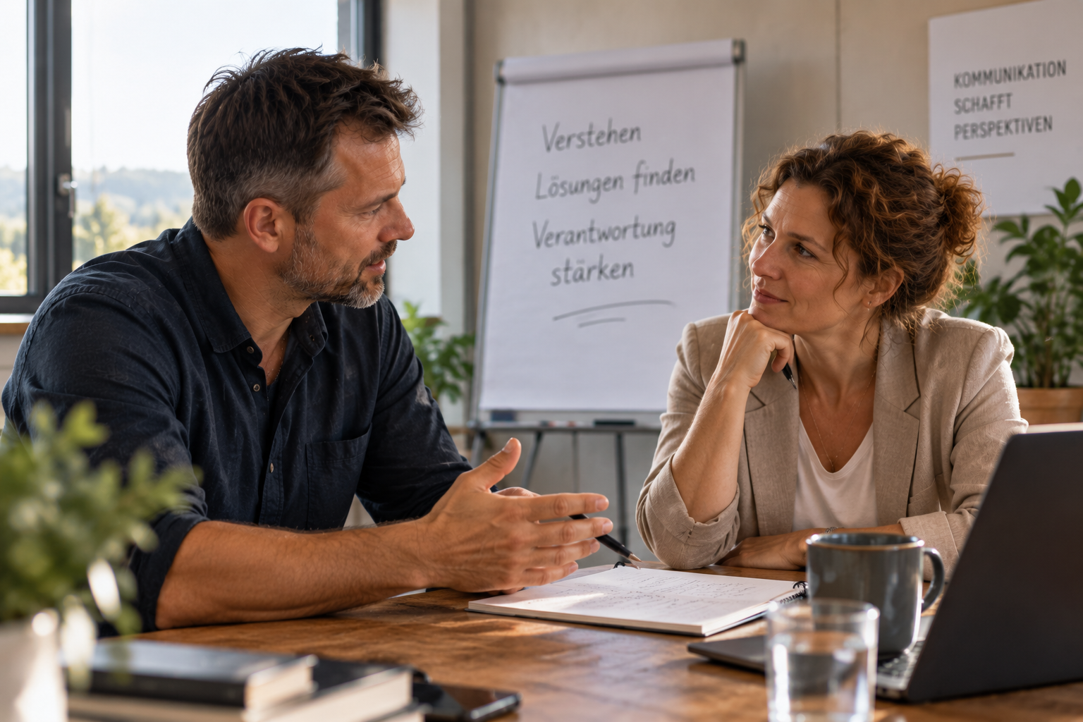 Zwei Menschen sprechen in ruhiger, offener und zugewandter Haltung miteinander