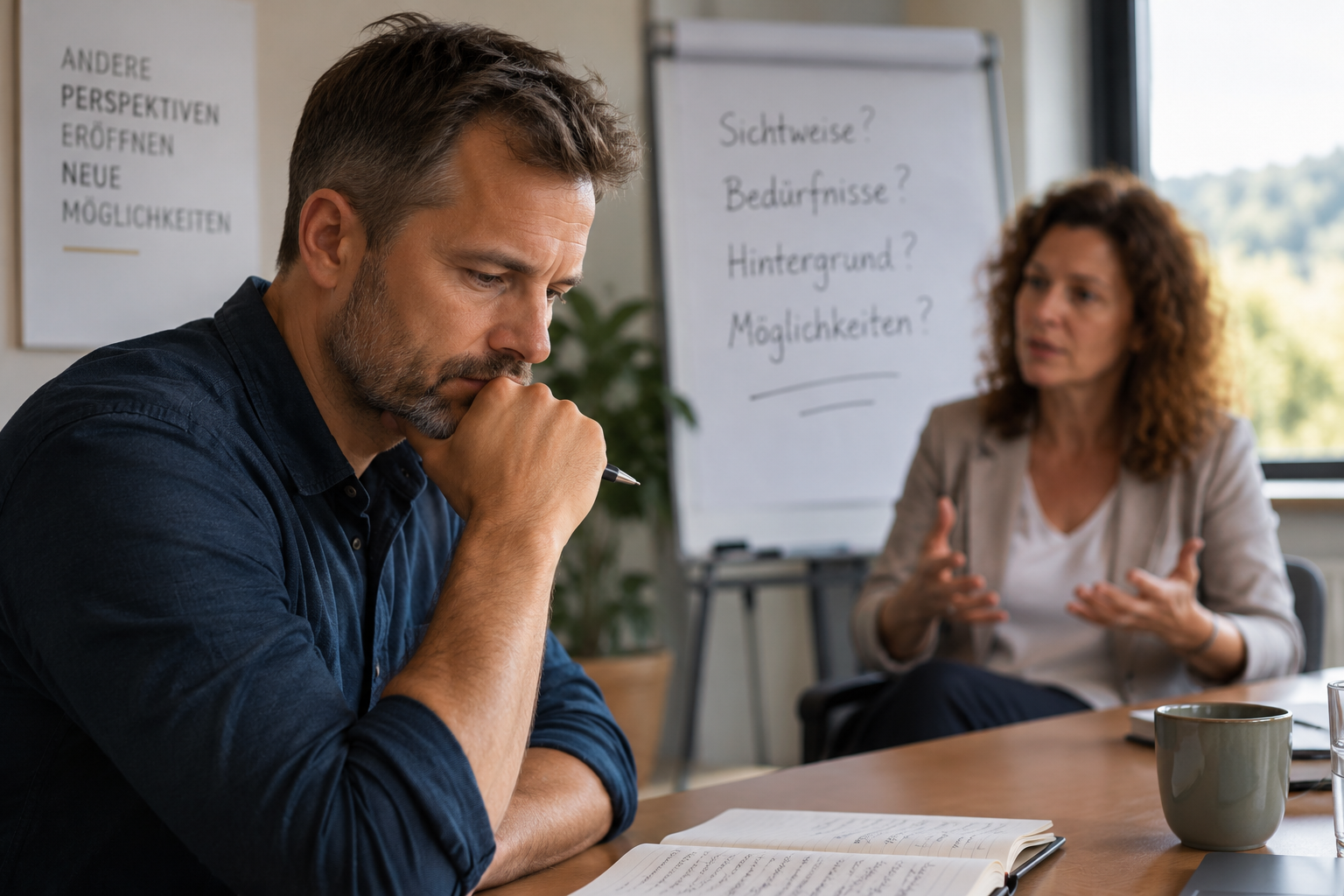Nachdenklicher Mann in einer Gesprächssituation, während seine Gesprächspartnerin verschiedene Perspektiven erläutert