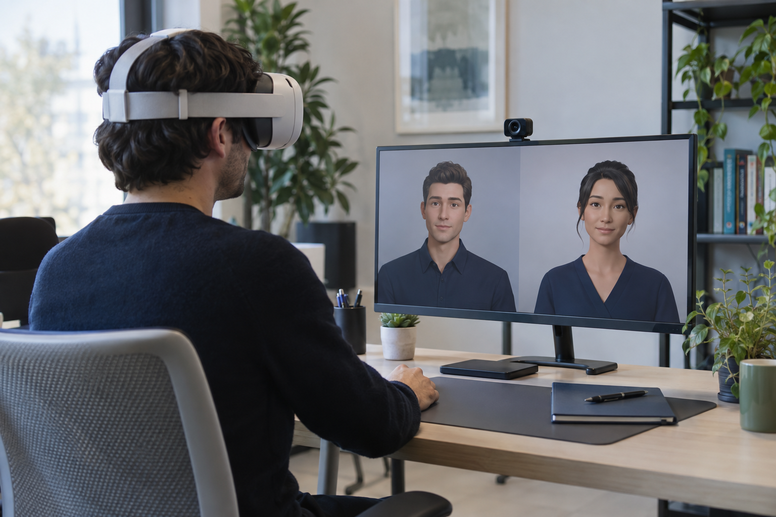 KI-generierte Beispielsituation: eine Person mit VR-Brille vor einem Bildschirm mit zwei fiktiven digitalen Assistenzen