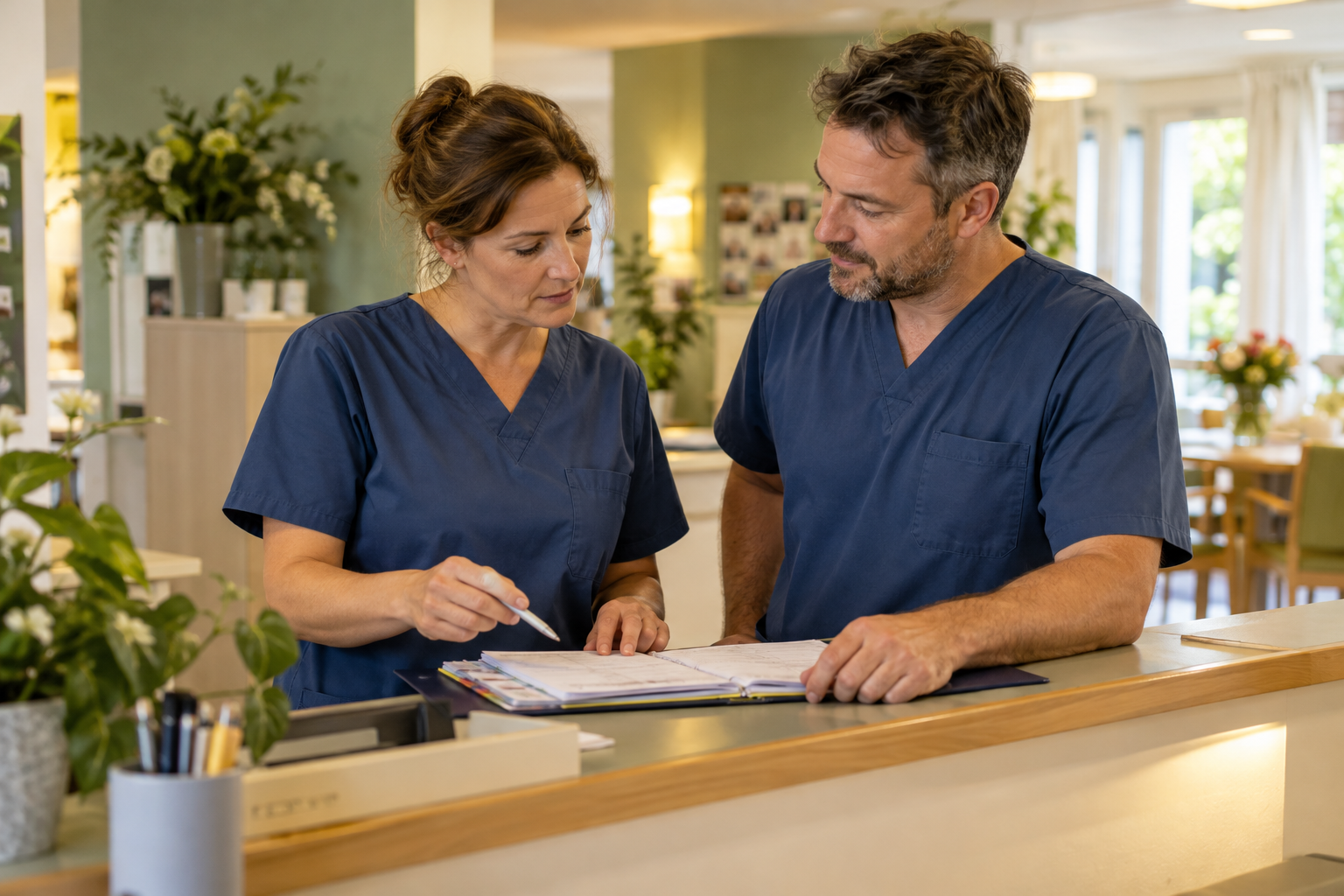 Eine Pflegefachfrau und ein Pflegefachmann besprechen gemeinsam einen Dienstablauf