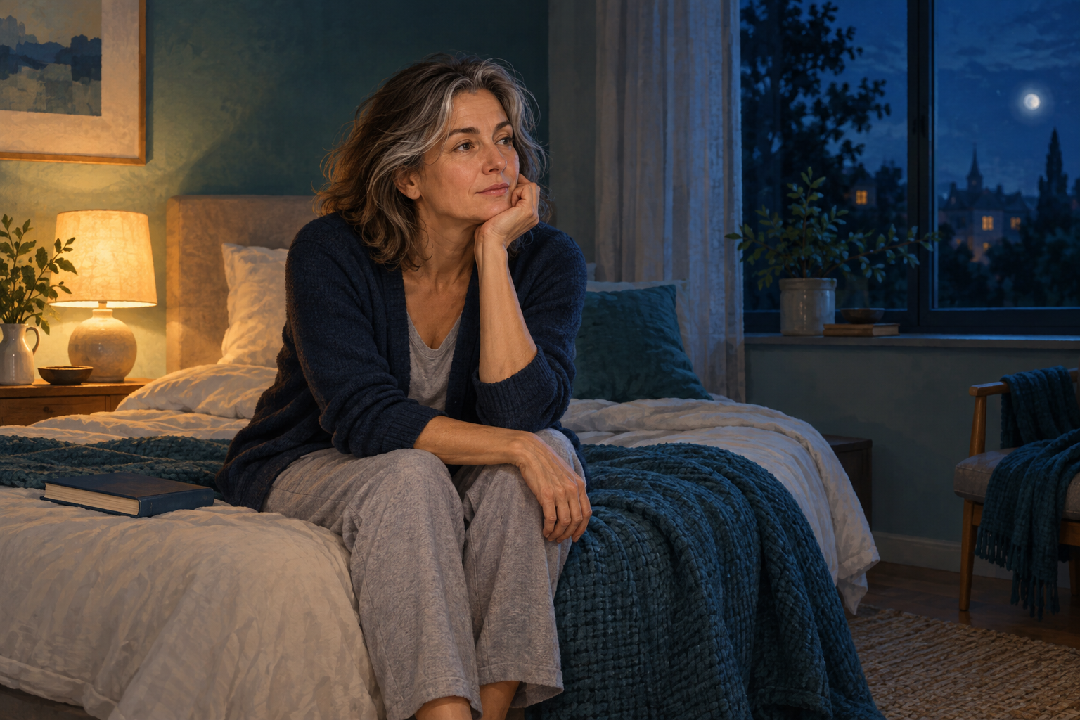 Eine müde Frau liegt am Abend noch nicht im Schlaf